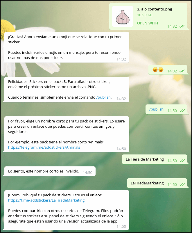 Pantallazo conversación con bot en Telegram