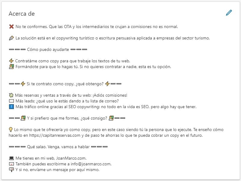 Ejemplo de copy para extracto de LinkedIn